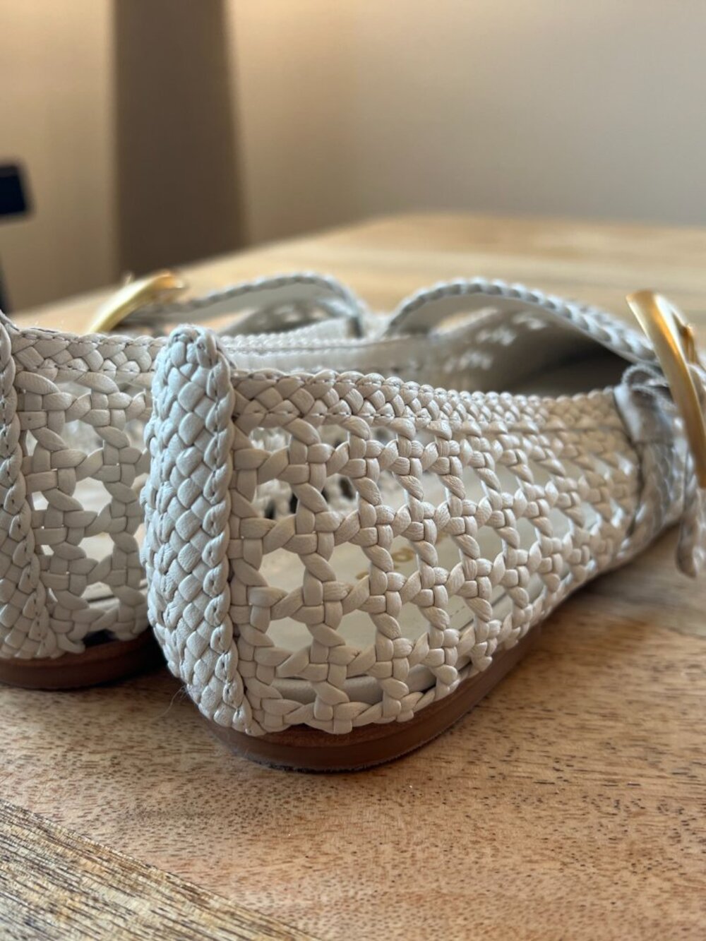 Larroude Cream Woven Mary Jane Flats with Gold Buckles - Picture 5 of 10